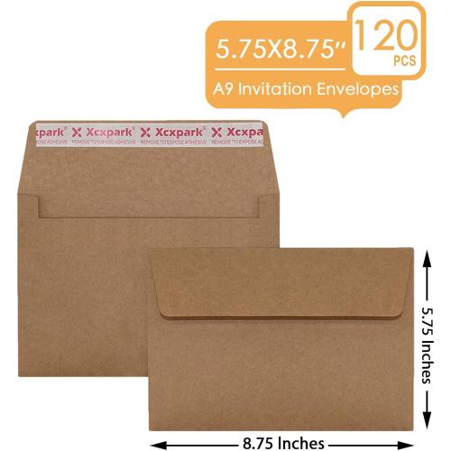 120 Qty A9 Invitation Envelopes 5.75x8.75, Self Seal 120GSM Brown Kraft Paper Envelopes for Invitations, Papers, Photos, Documents, Wedding, Baby Shower, Easy to Seal and Peel