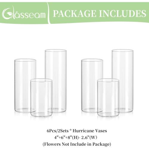 Glasseam Clear Glass Cylinder Vase, 6pcs Glass Vases for Centerpieces, Modern Floating Candle Vases for Flowers, Hurricane Vase Decor Candle Holders for Pillar Candles Wedding Decorations (4/6/8)