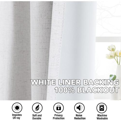 H.VERSAILTEX Linen Curtains 100% Blackout Curtains for Bedroom 84 inch Long Full Light Blocking Nature Linen Blended Window Curtains for Living Room Nickel Grommet (2 Panels, Heathered White)