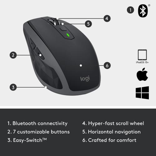 Logitech MX Anywhere 2S Bluetooth Edition Compact Wireless Mouse, No USB Receiver - Use On Any Surface, Hyper-Fast Scrolling, Rechargeable, Control Up to 3 Apple Mac and Windows Computers and Laptops