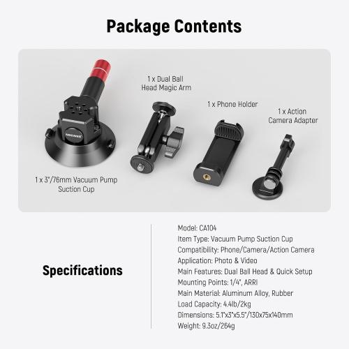 Neewer 3 Suction Cup Camera Mount Bracket with Ball Head Magic Arm, 1/4 ARRI Holes, Quick Release Car Mount with Phone Holder & Action Cam Adapter Compatible with iPhone DJI Insta360, CA104