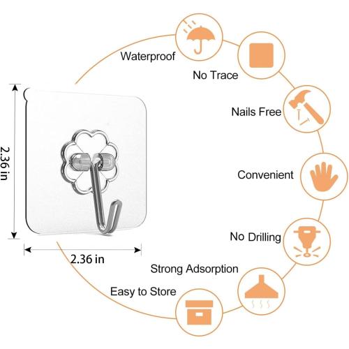 Adove Adhesive Hooks for Hanging, Heavy Duty Wall Hooks 20 Pack, Removable Sticky Ceiling Hooks, Transparent Self Adhesive Shower Hooks, Water & Oil Proof Strong 22lb(Max) Door Coat Hooks