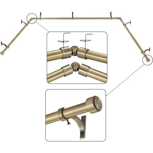 Antique Bronze Bay Window Curtain Rods with Aluminum End Cap Finials and Brackets,Adjustable 36-72 Inch Center Rod for windows (24-68’’), 20-36 Inch Side Rods for windows (16-32’’)