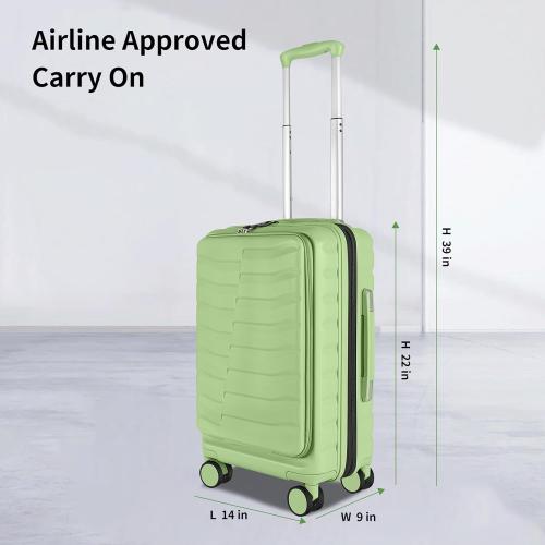 Size 22×14×9 Color Green Airline Approved Carry On Luggage with Front Open Pocket, Spinner Wheels, ABS PC Hardshell Small 20inch Suitcase with Protective Cover and Luggage Tag, Avocado Green