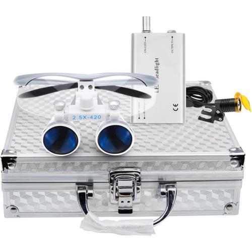 EustomA 2.5X Binocular Loupes Optical Glasses  3W LED Headlight Lamp with Filter   Aluminum Box Silver