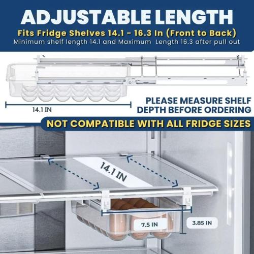 Skywin TidyFriend Refrigerator Egg Drawer 14x7.5x3.95 – Snap-On Egg Holder with Pull-Out Drawer, Holds 18 Eggs, Fits Flat Fridge Shelves 14.1–16.3 in Long and 0.93–1.32 in Thick