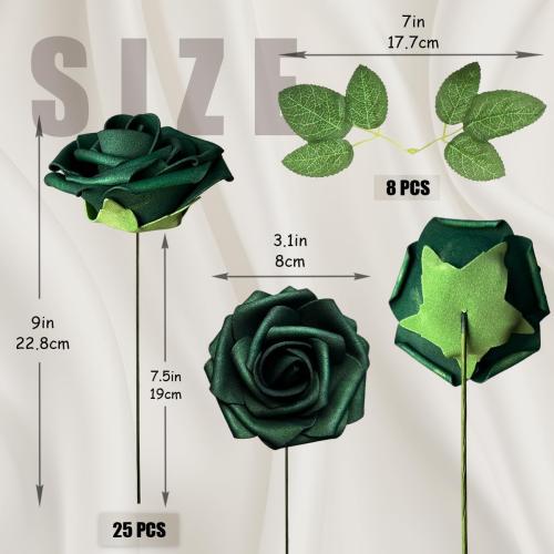 25pcs Emerald Green Artificial Flowers Foam Fake Dark Hunt Green Rose with Stems 8 Leaves Real Looking Faux Roses for Wedding Bouquets Bridal Shower Centerpieces Arrangements Party Tables Decorations