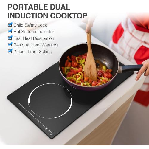 12“ Induction Cooktop, Double Induction Cooktop 2 Burner 110v-120v Electric Stove Top, Countertop and Built-in, 9 Power Levels, Child Lock, 120 Mins Timer