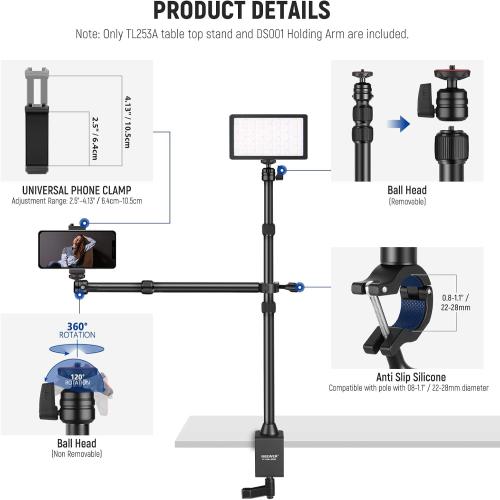 NEEWER TL253A DS001 Table Camera Tripod with 2 Telescopic Arms, Phone Holder, Ball Heads, Screw Adapter, Table Light Stand for Camera, Mobile Phone, Webcam, Ring Light