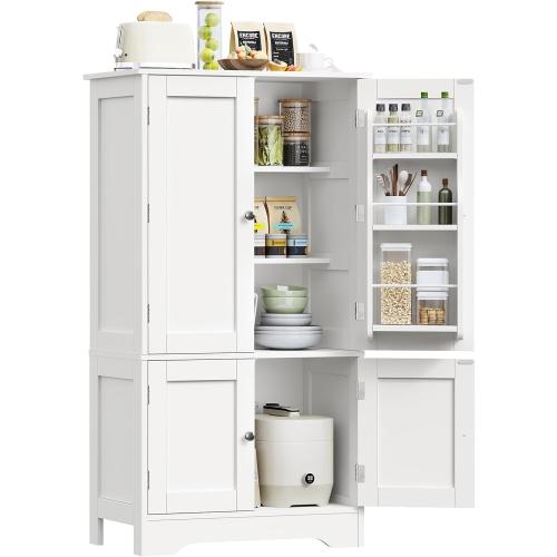 TEENFON 43'H Pantry Cabinet with 4 Doors, Kitchen Cabinet with 6 Door Shelves, Storage Cabinet-Kitchen Pantry for Living Room, Dining Room, Bathroom, White