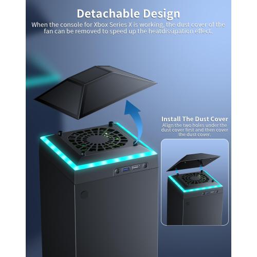 MENEEA Cooling Fan Dust Proof for Xbox Series X Console with Colorful Light Strip,Dust Cover Filter,Rubber Dust Plugs,Low Noise Top Fan with 3 Gears,Cooler&Light Independent Touch Switch, 2 USB Port