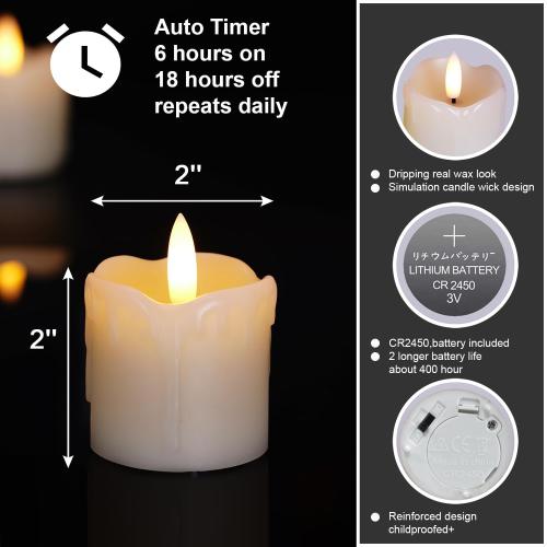Homemory Flameless Votive Candles with Timer, 2 x 2 Real Wax, 400 Hour Realistic Black Wick Battery Operated Candles, Set of 6 for Wedding, Party and Holiday Decoration (Battery Included)