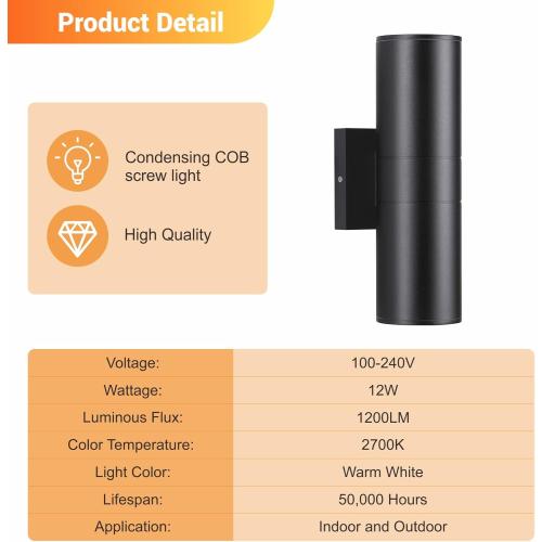 Outdoor Wall Lights 4Pack, Integrated LED Cylinder Up Down Lights, 12W 2700K Aluminum Exterior Wall Light, Outdoor Light Fixture for Porch Patio Door.(Matte Black)
