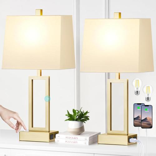 Touch Control Table Lamps Set of 2, Modern Gold Bedside Lamps with USB A C Ports & AC Outlet, 3 Way Dimmable Contemporary Nightstand Lamps for Bedroom Living Room(LED Bulb Included)