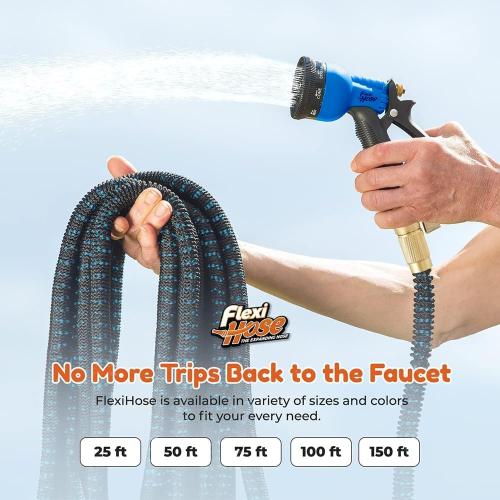 Flexi Hose Expandable Garden Hose with 8 Function Nozzle, 75FT - Lightweight Retractable Garden Hose, Water Hose - No-Kink Flexibility, 3/4 Inch Solid Brass Fittings and Double Latex Core