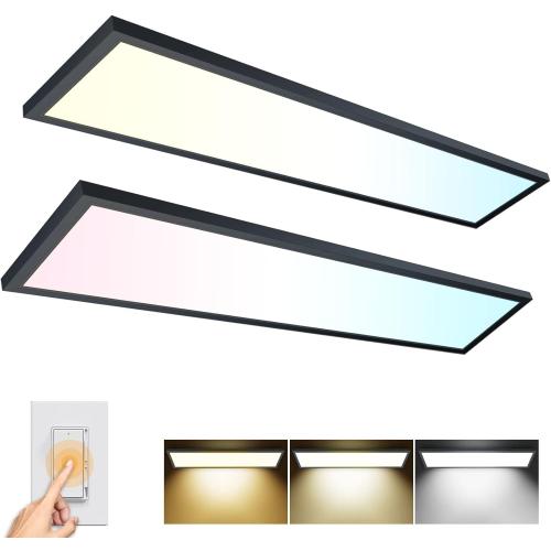AIKVSXER 1x4 LED Flat Panel Light Surface Mount Ceiling Light Black, 5500LM 50W TRIAC 10-100% Dimmable, 3000/4000/5000k Selectable 120V LED Light Fixture for Kitchen/Laundry/Garage 2PACK
