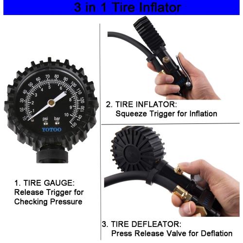 YOTOO Recoil Air Hose Kit with Tire Inflator Gauge, 1/4 Industrial Quick Coupler and Plug for tire infaltion and air Tools