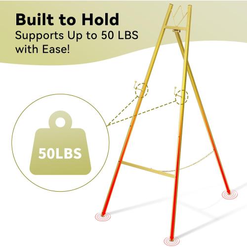 GRENTY Gold Easel Stand for Wedding Signs – No Assembly Needed, Heavy Duty Metal Display Stand for Art, Welcome Signs, Posters, Pictures, Paintings, and Floor Décor