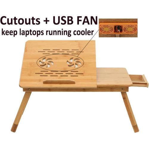 Laptop Desk Adjustable Bamboo Laptop Table with Fan Drawer Foldable Bed Tray Breakfast Tray Padded Lap Work Tray,for Working Writing Drawing