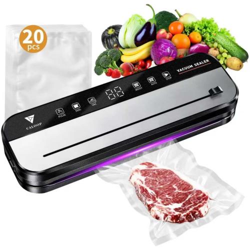 CALOOP Food Vacuum Sealer Machine with 20 Seal Bags, 80 Kpa Powerful Food Saver for Kitchen Storage, Dry/Moist Modes, Digital Countdown Timer, Compact Lightweight, Build-in Cutter