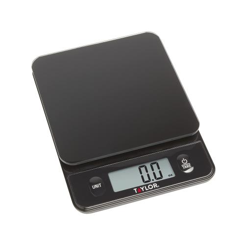 Taylor Glass Top Food Scale with Touch Controls, 11 lb Capacity, Sleek Black Design for Precision Food Measurement in Grams and Ounces