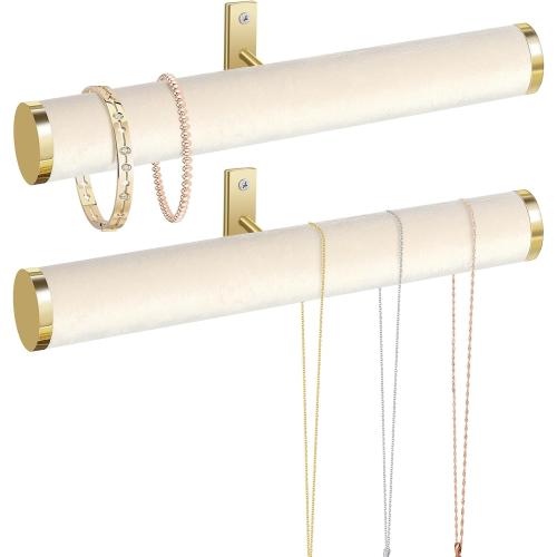 Velvet Necklace Holder Wall Jewelry Organizer, 12 Hanging Necklace Organizer, 2 Pack Wall Mounted Necklace Hanger for Bracelets Bangles Display,Beige