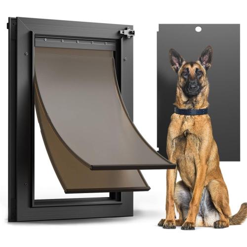 Black All Aluminum Dog Door for Exterior Door, Large Doggy Door, Heavy Duty Pet Door, Double Magnetic Flaps, Thermal Tnsulation, Energy Efficient, Sliding Lock Panel (Pets Up to 110Lb).