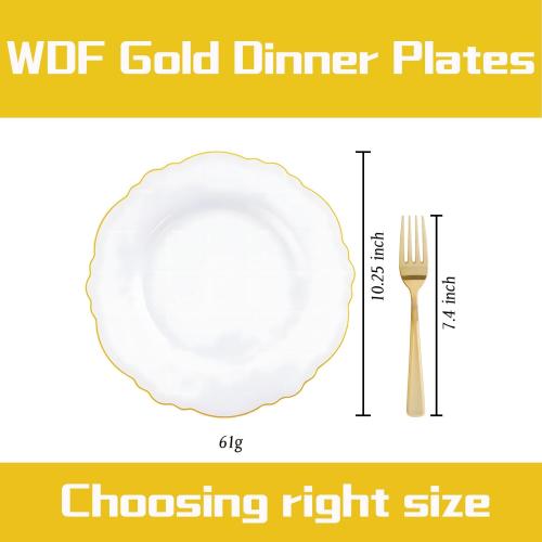 WDF 60pcs Gold Plastic Dinner Plates -10.25inch Baroque White and Gold Plates Fancy Plastic Plates for Upscale Bridal Shower & Wedding & Birthday