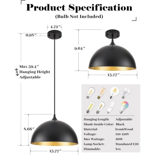 Black Pendant Lights Kitchen Island 2 Pack, 14 Inch Large Dome Pendant Light, Black and Gold Farmhouse Pendant Light, Island Pendant Lights for Kitchen, Dining Room