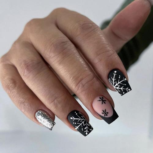 Square Snowflake Press on Nails Short Christmas Fake Nails Black & Sliver French Tip Acrylic Nails with Designs, Full Cover Stick on Nails Winter Artificial False Nails Cute Glue on Nails for Women