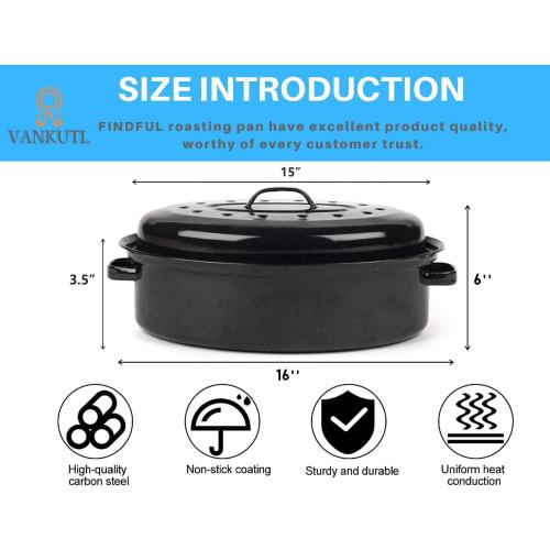 16 Inch Roasting Pan with Lid - Covered Oval Roaster - Enamel Carbon Steel Roaster Pot - Excellent Heat Distribution and Non-sticky - for Turkey Chicken Meat & Vegetables -Birthday and Holiday gifts