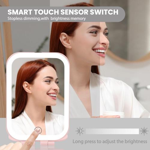 Travel Mirror with Light, Rechargeable Portable Makeup Mirror with Battery-Powered, 3 Colors LED Lighting, Dimmable Touch Screen Vanity Lighted Mirror