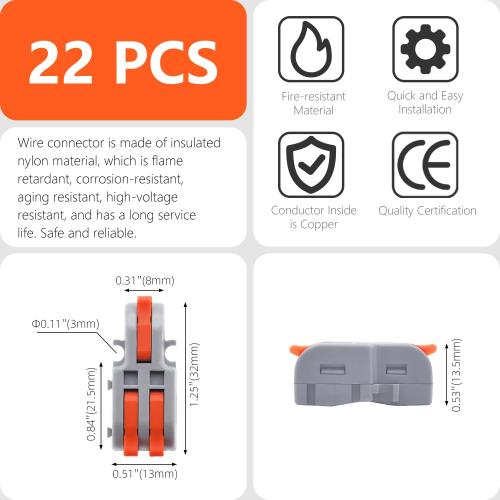 20Pcs Lever Wire Connectors, 1 in 2 Out DIY Mini Splicing Compact Splitter Docking Terminal Block Electrical Connectors, 24-12 AWG