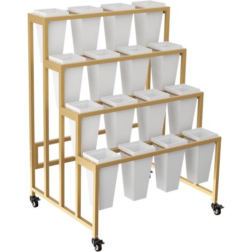 Flower Display Stand with 16 Buckets, 4 Layers Flower Bar, Gold Metal Plant Stand with Wheels, Heavy Duty Flower Cart for Indoor Outdoor Patio Garden Wedding Florist, Gold Metal Frame