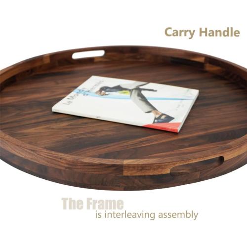 26 Inches Extra Large Round Black Walnut Wood Ottoman Tray with Handles, Serve Tea, Coffee, Classic Circular Wooden Decorative Serving Tray