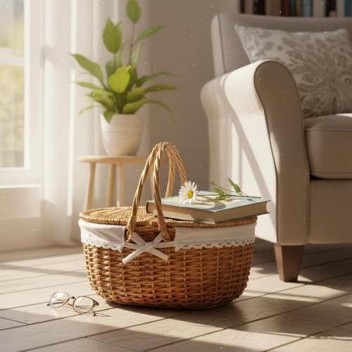 Wicker Picnic Basket with Lid and Handle 15 Sturdy Woven Body with Washable Lining for Easter,Mother's Day,Outdoor Camping,Not Dyed