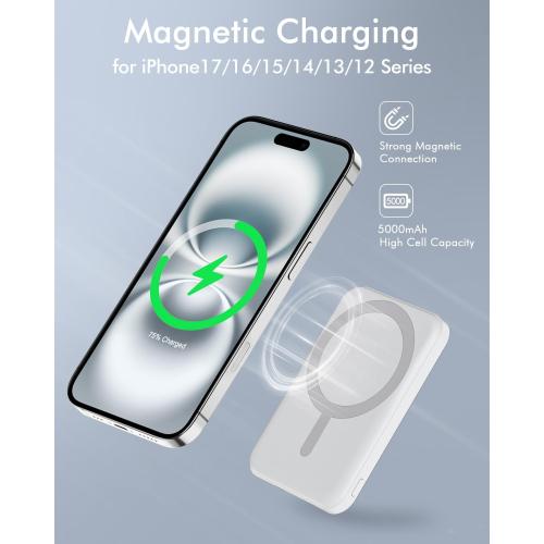 podoru for Magsafe Battery Pack, 5000mAh Magnetic Power Bank with Type-C Cable 20W PD Fast Charging Lighting Input Wireless Portable Charger for iPhone 17/16/15/14/13/12/ All Series-Snow White