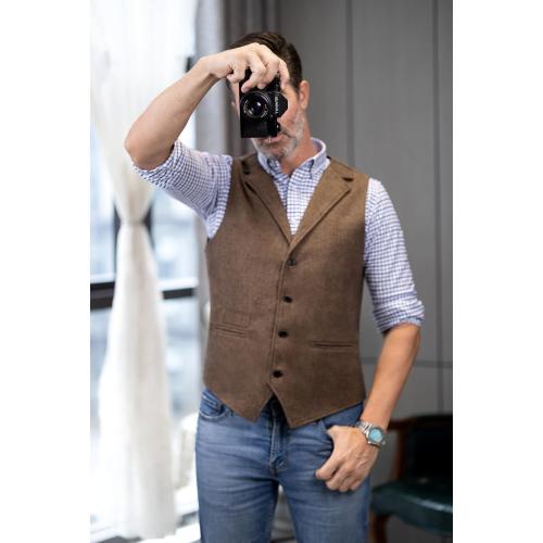 Size XL Solove-Suit Mens Vintage Tweed Suit Vest Notch Lapel Dress Waistcoat Western Cowboy Vest