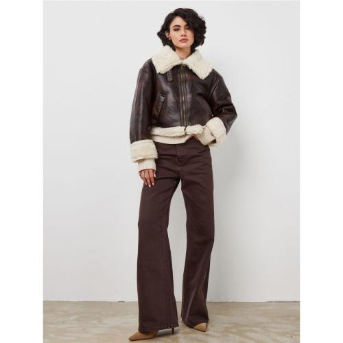 LY VAREY LIN Women Faux Leather Jacket with Faux Fur Lining Warm Winter Biker Coat Large