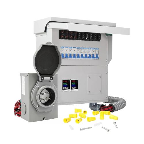 Upgraded 30A 10 Circuit Transfer Switch with 2 Digital Display Energy Meter with L14-30p Optional Power Inlet, IP 67 Waterproof, Pre-Wired, Transfer Switch Suitable for Indoor and Outdoor Use (2025)