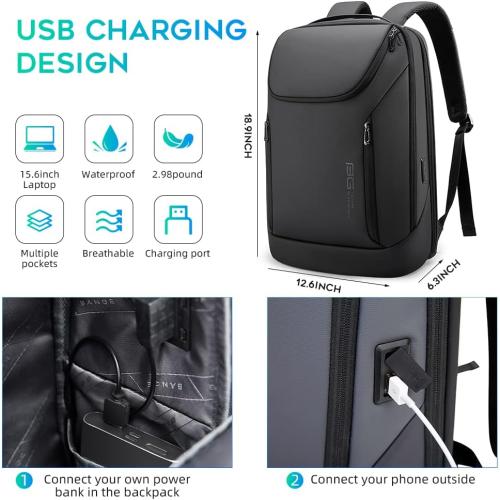 Black 15.6 BANGE Business Smart Backpack Waterproof fit 15.6 Inch Laptop Backpack with USB Charging Port,Travel Durable Backpack