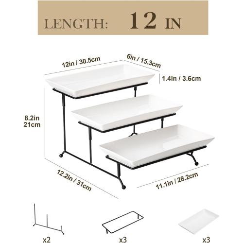 MALACASA 3 Tier Serving Trays for Party, Porcelain Serving Platters and Trays, 12 Inch Tiered Tray Stand, Fruit Tray, Trays for Serving Food, White Dessert Stand with Collapsible Sturdier Metal Rack