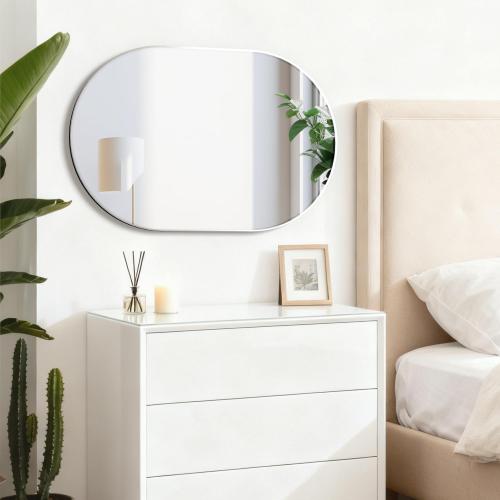Oval Bathroom Mirror Capsule Wall Vanity Mirror, 24x36 Pill Mirrors Wall Mounted Mirror, Large Modern Mirror with Silver Metal Frame, Decor for Entryway, Bedroom, Living Room