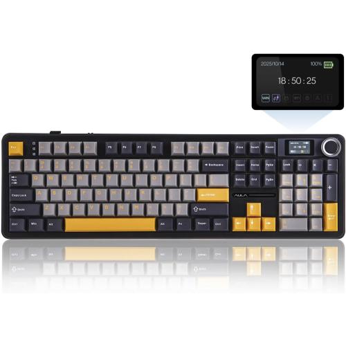 EPOMAKER X Aula F108 PRO Wireless Gaming Keyboard with Screen, 8000mAh Battery, 104 Hot-Swappable and Programmable Keys and Knob, RGB Backlight, for Mac/PC/Android (Grey&Yellow)