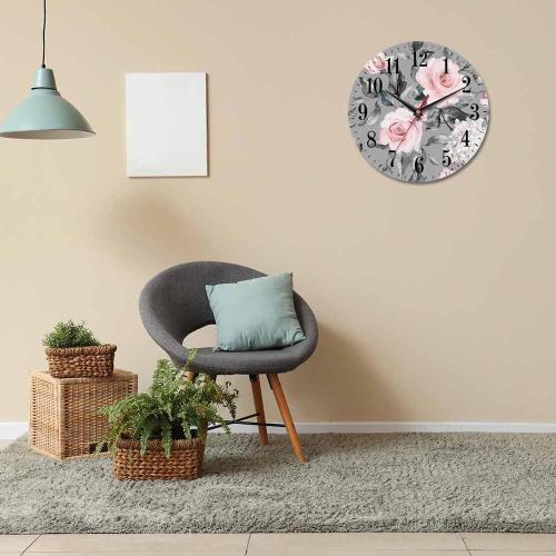 Mxocom Pink Flowers and Leaves Wall Clock Artistic Watercolor Rose Flower Grey Spring 10 Inch Silent Non Ticking Battery Operated Clock Vintage Round Clock for Living Room Bedroom Bathroom Decor