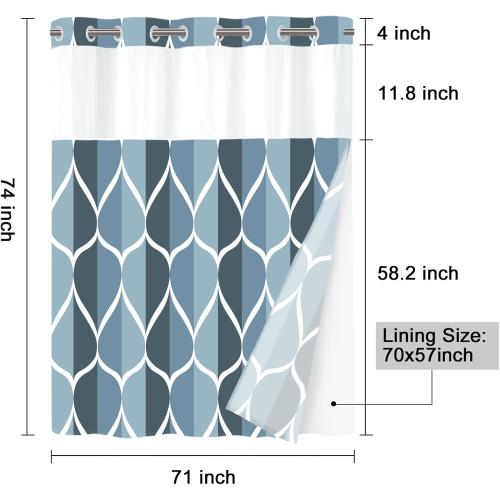 No Hook Aegean Blue Shower Curtain with Snap in Fabric Liner Set - Hotel Style with See Through Mesh Top Window, Modern Geometric Waterdrop Design,Waterproof and Washable, 71x74 INCH