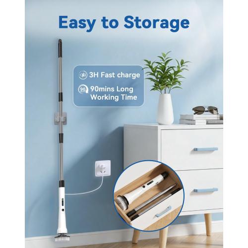 Electric Spin Scrubber, Hillyfe Bathroom Scrubber Electric with 7 Replaceable Brush Heads, IPX7 Waterproof,300/400 RPM, 3 Adjustable Length,Scrubber Brush Electric for Bathtub Floor,White