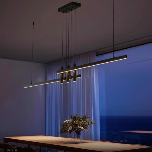 Size 59 Modern Black Linear Pendant Lights Kitchen Island Lighting Minimalist Led Chandeliers Pool Table Light Dimmable Ceiling Hanging Light Fixture Dining Room with Remote Control (59in)