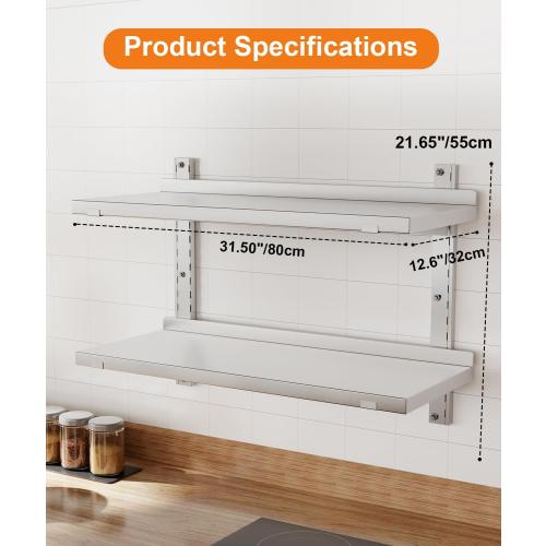 Stainless Steel Shelf, 31.5 x 12.6 Commercial Floating Wall Shelf with Brackets, 110Lbs Capacity, Adjustable Double-Layer Metal Heavy Duty Storage Rack for Restaurant, Kitchen Bar Home Hotel