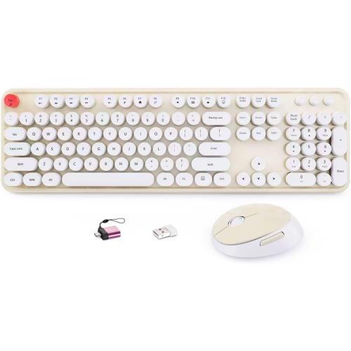 HotFox Wireless Keyboard and Mouse Combo, Full-Size Retro Typewriter Keyboard with Round Keycaps, Ergonomic Design for Windows PC, Home and Office Use - Cream